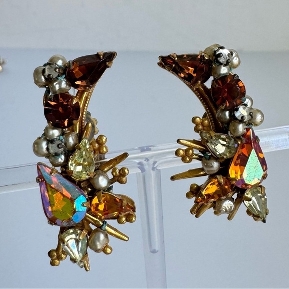 Vintage Originals By ROBERT Earrings Clip On Ear Climber AB Crystal Pearl Signed - Picture 3 of 10